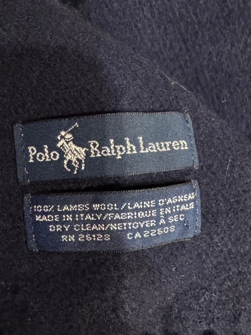 Ralph Lauren Dark Navy Wool Scarf with Embroidered Pony
